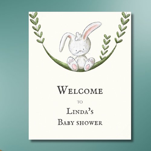 Simple White Rabbit Greenery Welcome Baby Shower Poster
