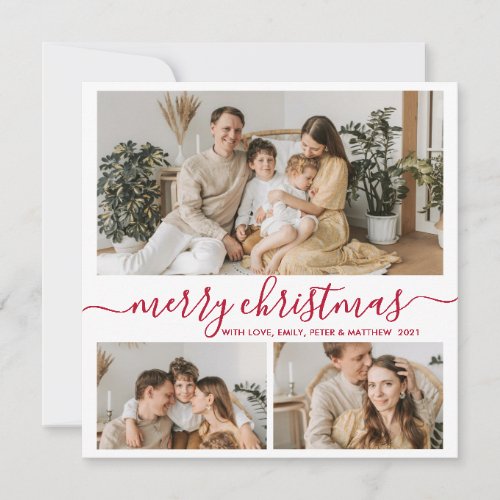 Simple White Red 3 Photo Collage Christmas Holiday Card