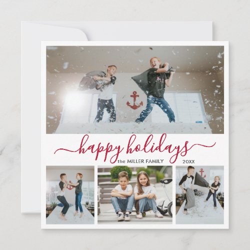 Simple White Red 4 Photo Collage Happy Holiday Card