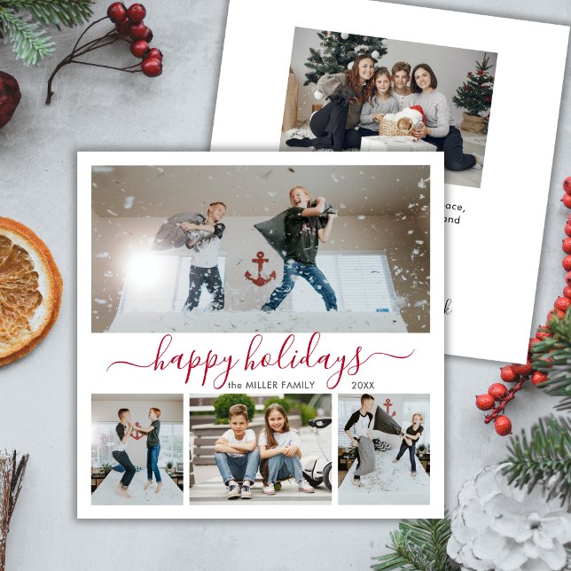 Simple White Red 4 Photo Collage Happy Holiday Card (Creator Uploaded)