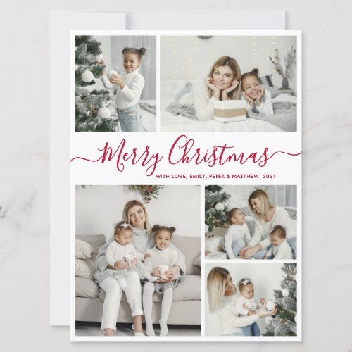 Simple White Red 5 Photo Collage Christmas Holiday Card