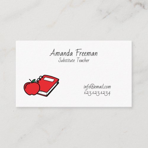 Simple White Red Apple and Book Substitute Teacher Business Card