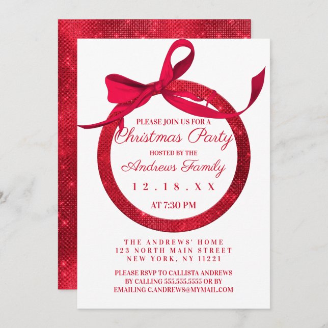 Simple White Red Glitter Bow Ornament Christmas Invitation (Front/Back)