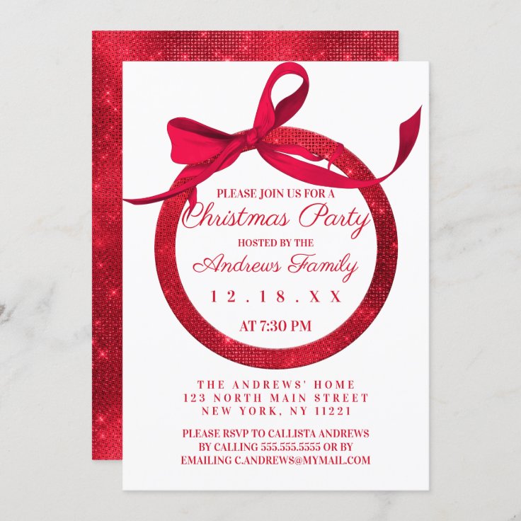 Simple White Red Glitter Bow Ornament Christmas Invitation | Zazzle