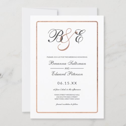 Simple White Rose Gold Border Monogram Wedding Invitation