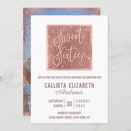 Simple White Rose Gold Glitter Geo Photo Sweet 16 Invitation