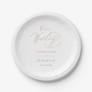 Simple White Rose Gold Modern Script Wedding Paper Plates