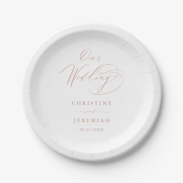 Simple White Rose Gold Modern Script Wedding Paper Plates (Front)