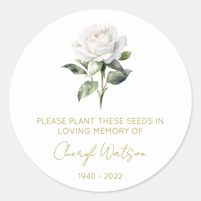 Simple White rose Memorial Seed Packet Classic Round Sticker (Front)