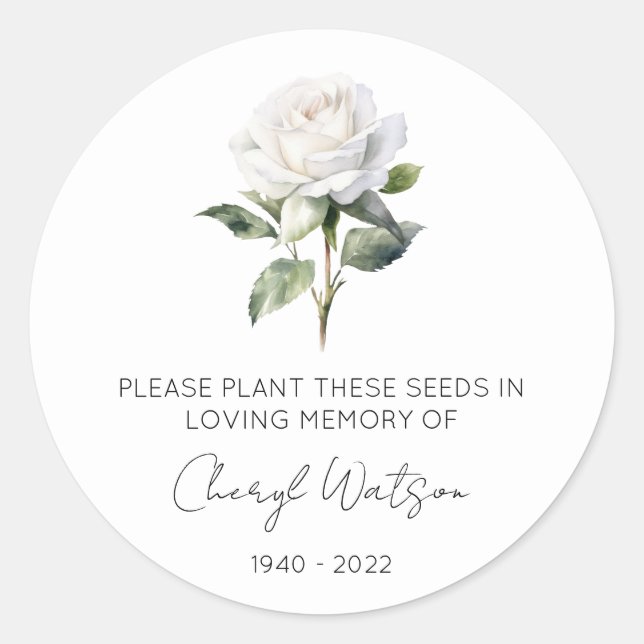 Simple White rose Memorial Seed Packet Classic Round Sticker (Front)