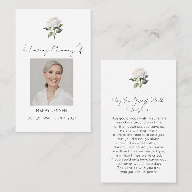 Simple White rose Photo Funeral Prayer Card (Front/Back)