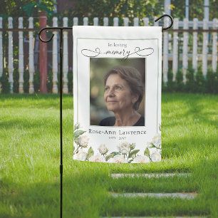 Simple White Rose Photo Tribute Remebrance Garden Flag
