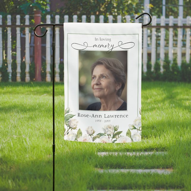 Simple White Rose Photo Tribute Remebrance Garden Flag (Creator Uploaded)