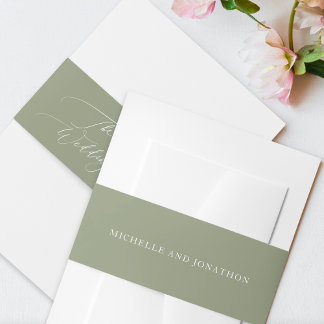 Simple White Sage Modern Calligraphy Wedding Invitation Belly Band