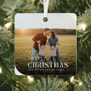 Simple White Script Christmas Family Name Photo Metal Ornament