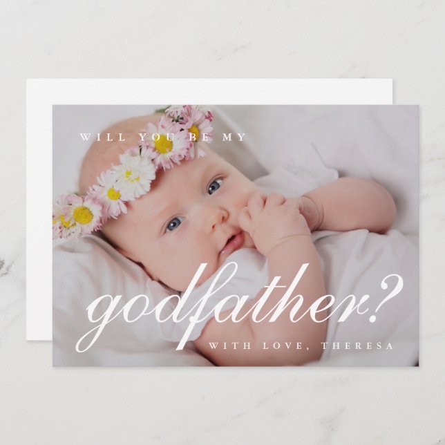 Simple White Script Godfather Proposal Photo Invitation (Front/Back)