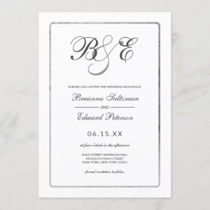 Simple White Silver Border Monogram Wedding Invitation