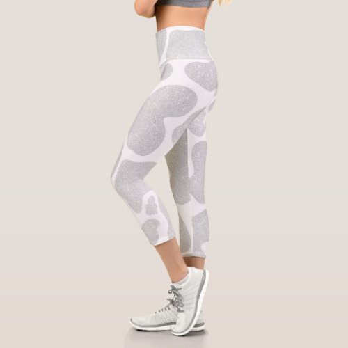 Simple White Silver Large Cow Spots Capri Leggings