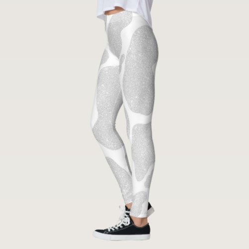 Simple White Silver Large Cow Spots Leggings