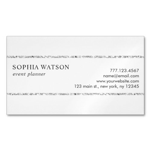 Simple White Silver Stripes Business Card Magnet