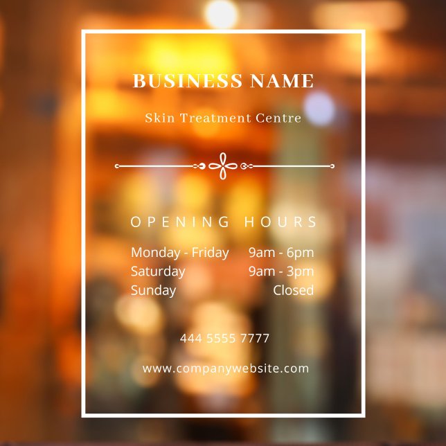 Simple White Small Business Door Sign Open Hours  (Simple Small White Business Opening Hour window cling)