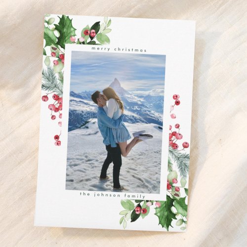 Simple White Snow Watercolor Lush Greens Photo Holiday Card