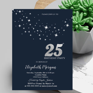 Simple White Stars Blue 25th Birthday Party Invitation