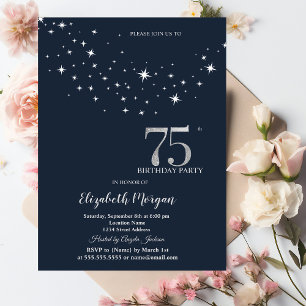 Simple White Stars Blue 75th Birthday Party Invitation
