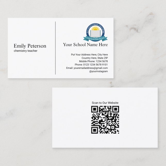 Simple White Teacher with School Logo and QR Code Business Card (Front/Back)