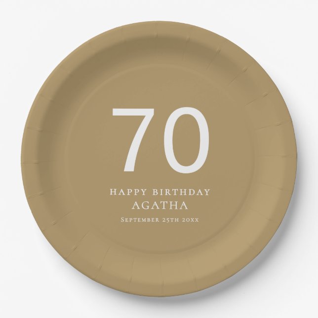 Simple White Text 70th Name Gold Birthday Party Paper Plates (Front)