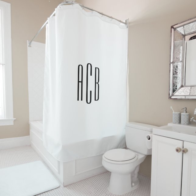Simple White Three Letter Monogram Shower Curtain (In Situ)