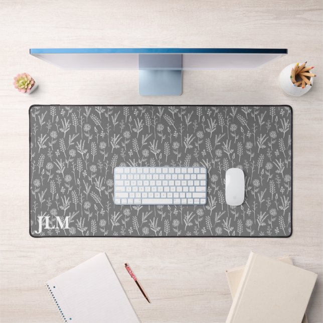 Simple White Twigs on Gray Monogram  Desk Mat (Office 1)