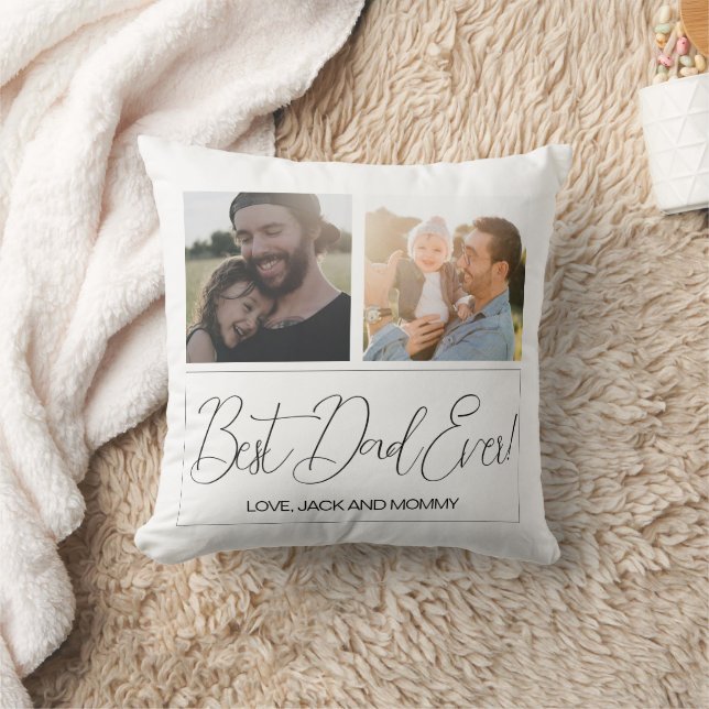 Simple White Two Photo Best Dad Ever Throw Pillow (Blanket)