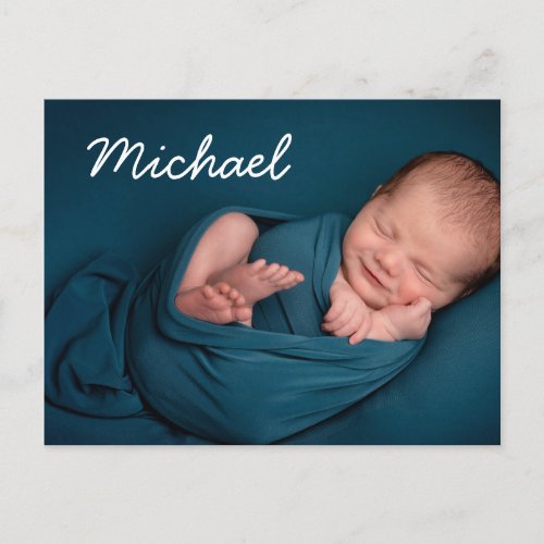 Simple White Typography Baby boy Name Photo   Announcement Postcard