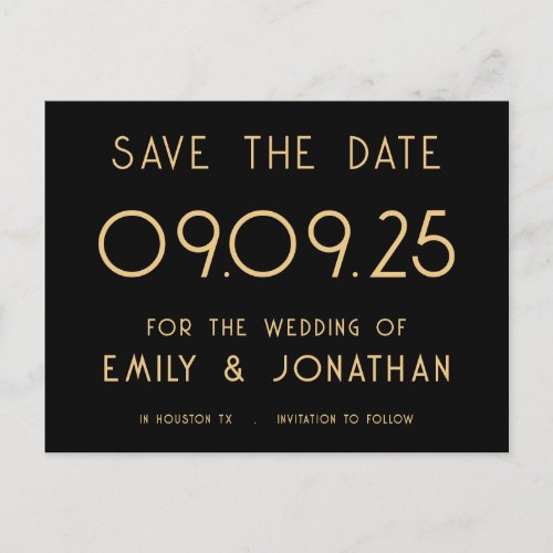 Simple White Typography Gold Black Wedding Announcement Postcard