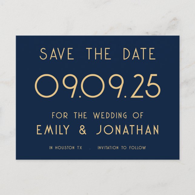 Simple White Typography Gold Navy Wedding Announcement Postcard (Front)