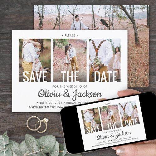 Simple White Typography Overlay Four Photo Wedding Save The Date