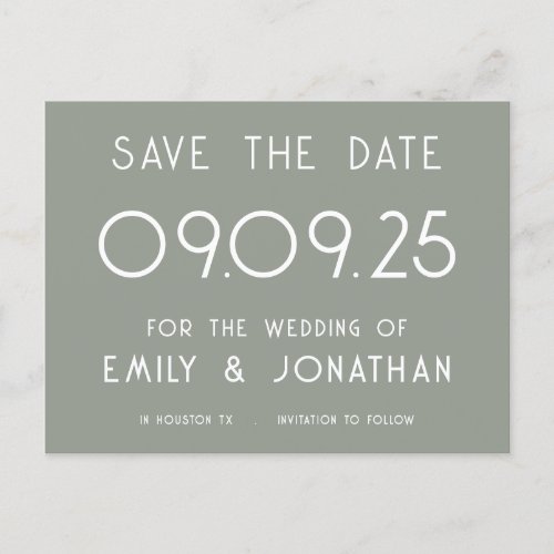 Simple White Typography Sage Green Wedding Announcement Postcard
