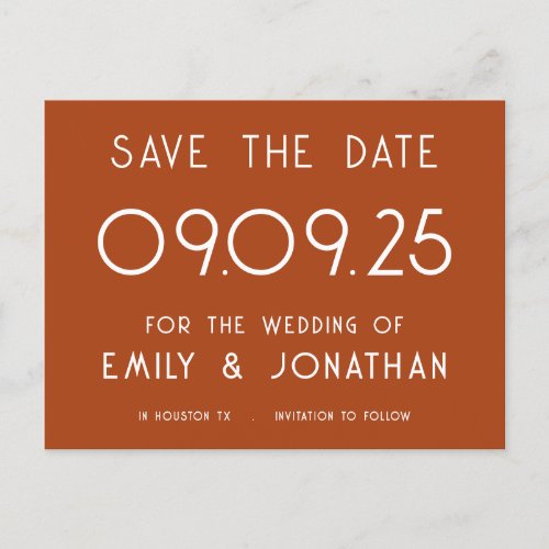 Simple White Typography Terracotta Wedding Announcement Postcard