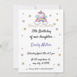 Simple White Unicorn 13th birthday invite