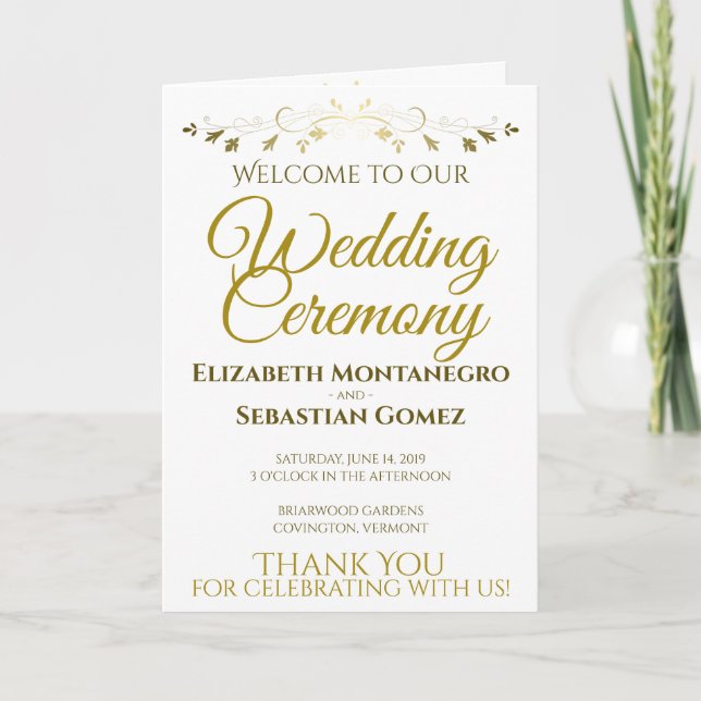 Simple White Vintage Gold Filigre Elegant Wedding Program (Front)