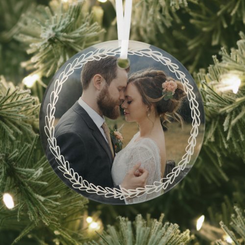 Simple White Wheat Wreath Add Wedding Photo Glass Ornament