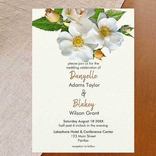 Simple White Wild Roses On Ivory Modern Wedding Invitation