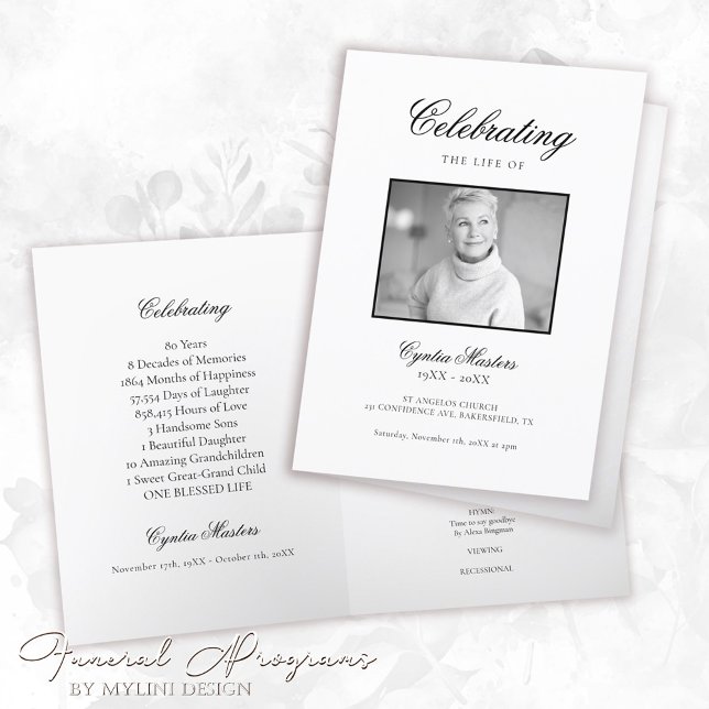 Simple White with Black Calligraphy Photo Funeral Program (Creator Uploaded)
