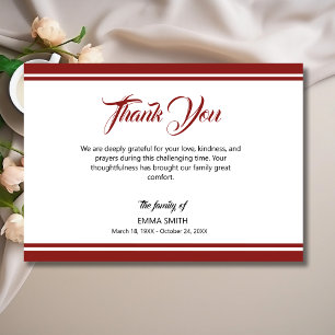 Simple White with Deep Burgundy Lines Funeral Thank You Card