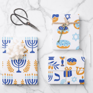 Simple White Yellow and Blue Pattern Hanukkah Wrapping Paper Sheets