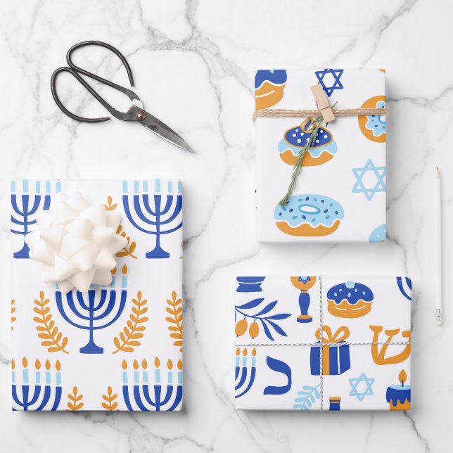 Simple White Yellow and Blue Pattern Hanukkah Wrapping Paper Sheets (Front)