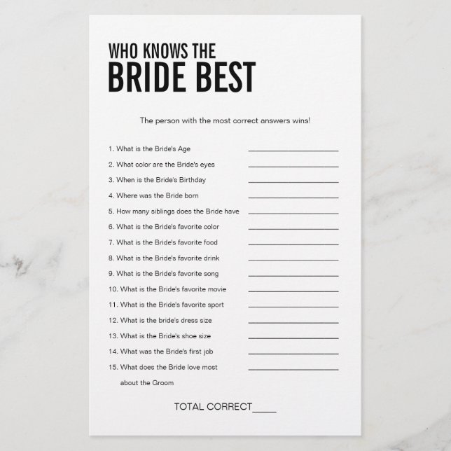 Simple Who Knows The Bride Bridal Shower Game (Front)