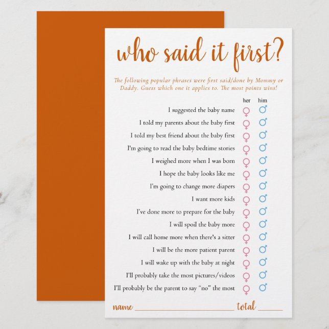 Simple Who Said It First | Fall Orange Game Card (Front/Back)
