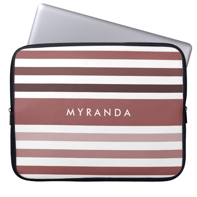 Simple Wide Stripes and Name in Soft Brown Laptop Sleeve (Front)